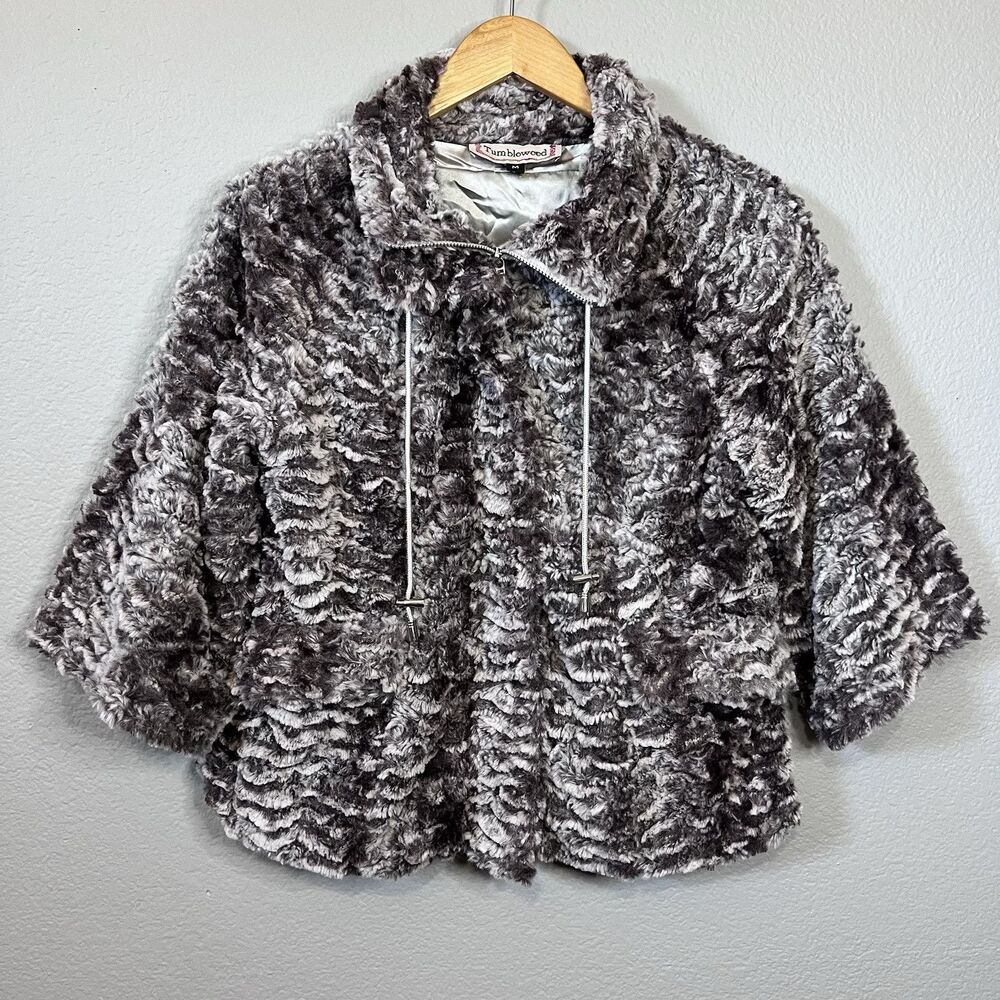 Vintage Tumbleweed Gray Faux Fur Bell Sleeve Zip Up Jacket Sz Medium Fluffy Cozy